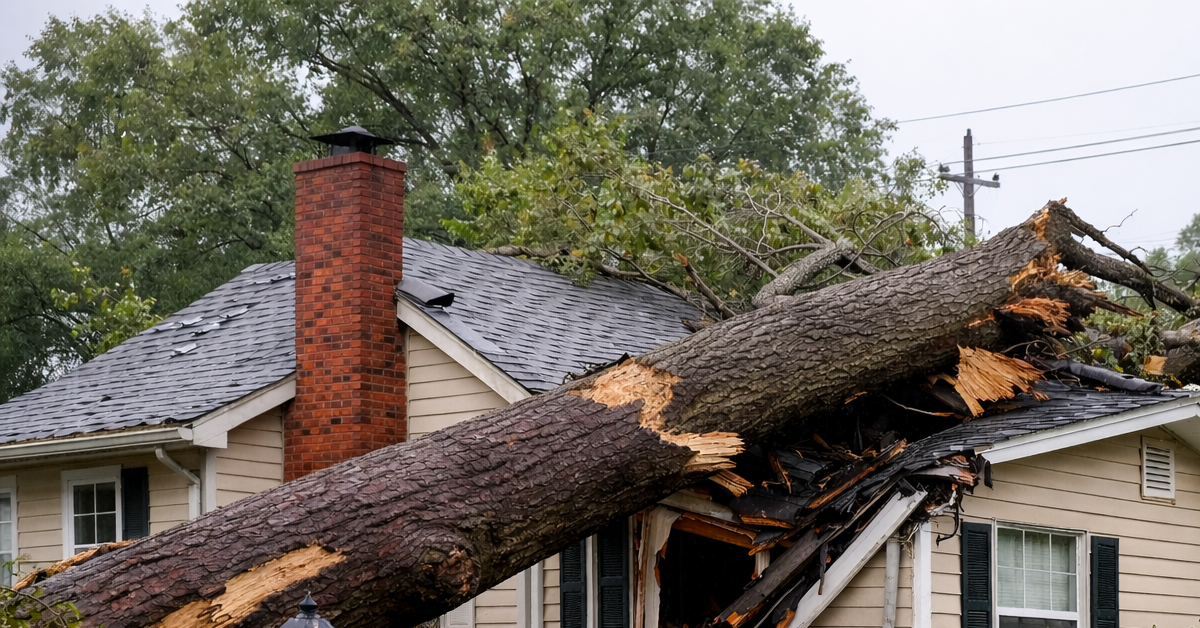 A storm-damaged tree fell on a home in Jefferson Parish, Louisiana