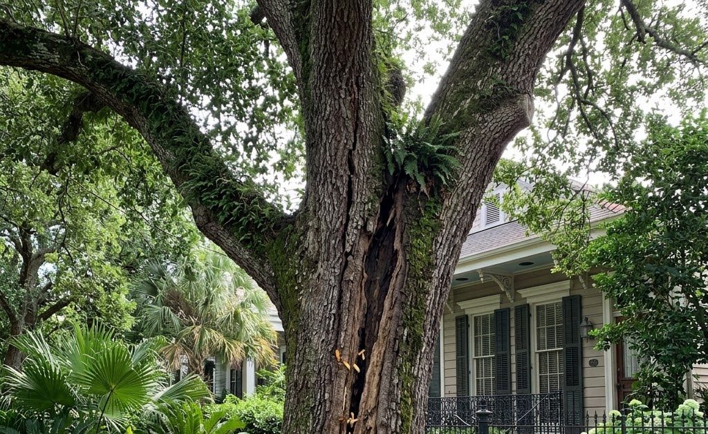Large vertical crack in the trunk of a mature water oak in a New Orleans yard