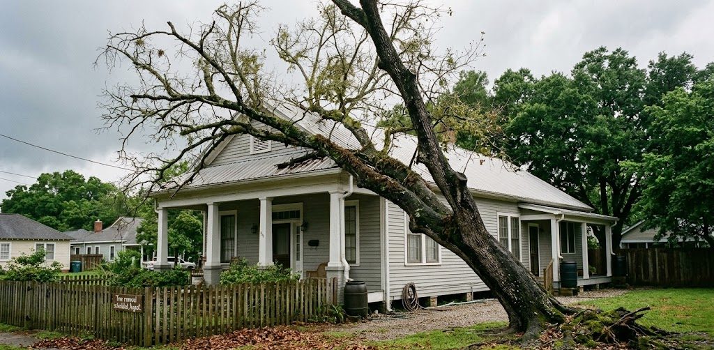 Large dying water oak leaning toward a home before hurricane season in Louisiana