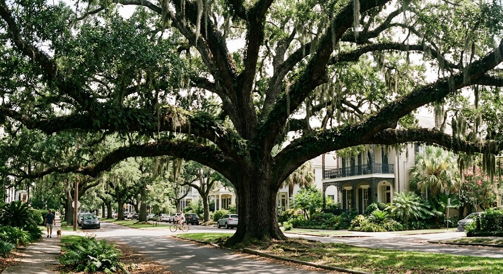 Mature live oak with horizontal branches in Greater New Orleans.