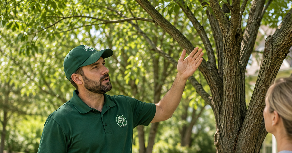 Certified arborist from A Perfect Cut Tree Service inspecting healthy residential trees and explaining proper tree care practices. without text